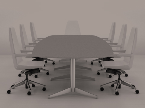 黑白相片MP会议表环绕7个高背Clamshell休息室座椅从侧面浏览